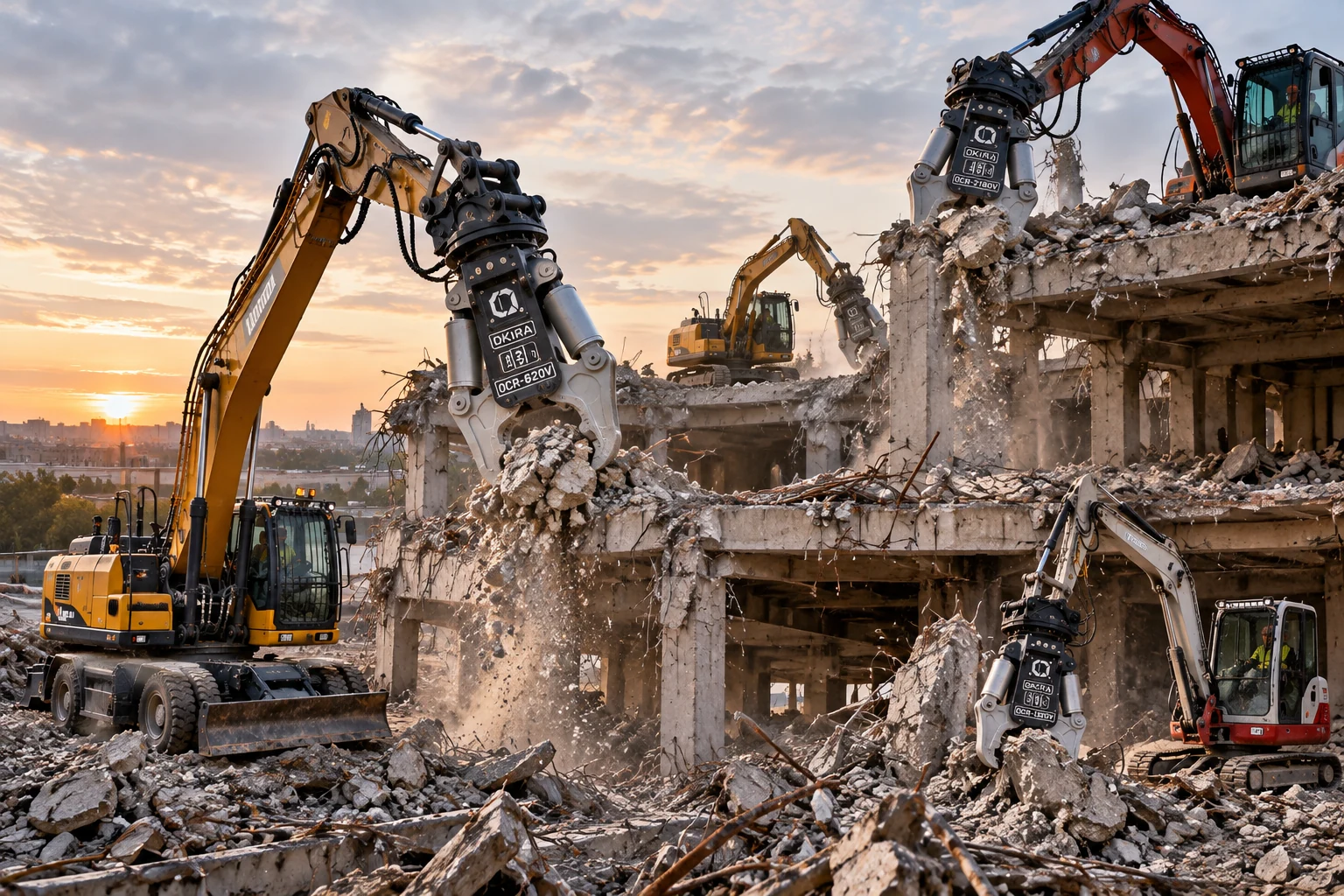 OKIRA OCR concrete crushers working on a demolition project